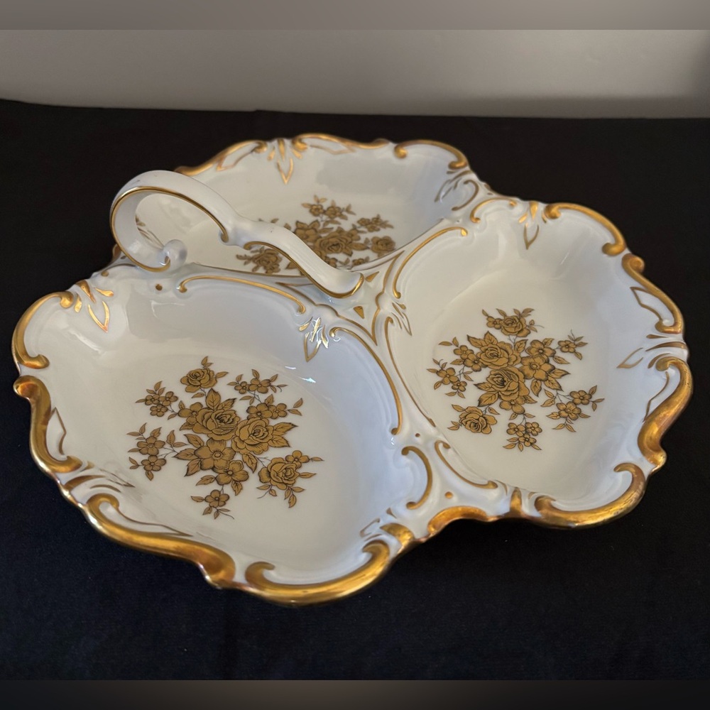 Vintage JLMenau Graf Von Henneberg 3-Section Fine Porcelain Dish White w/Gold
